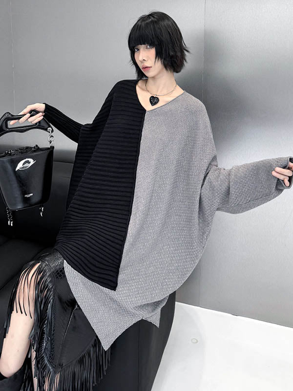 Batwing Sleeves Irregularity Asymmetric Contrast Color Split-Joint Textured V-Neck Sweater Tops