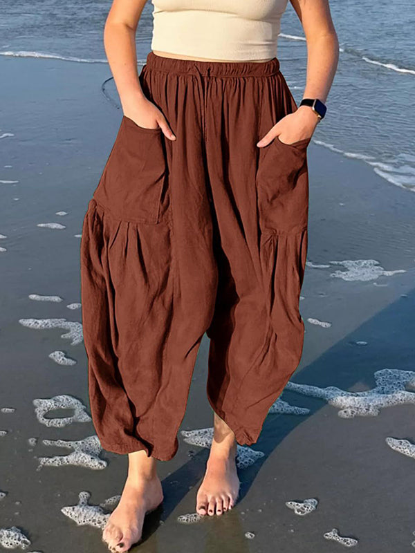 High Waisted Loose Drawstring Elasticity Pleated Pockets Solid Color Ninth Pants Trousers