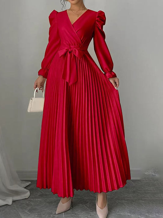 A-Line High Waisted Pleated Solid Color Tied Waist V-Neck Maxi Dresses