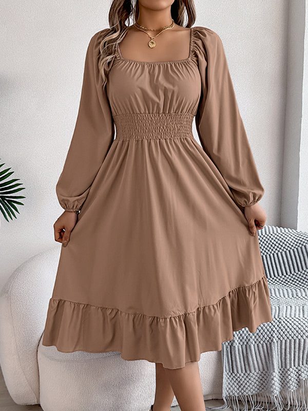 A-Line Elasticated Waist Pleated Ruffled Solid Color Square-Neck Midi Dresses