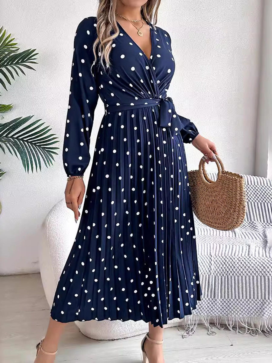 High Waisted Long Sleeves Pleated Polka Dot Tied Waist V-Neck Maxi Dresses Shirt Dress