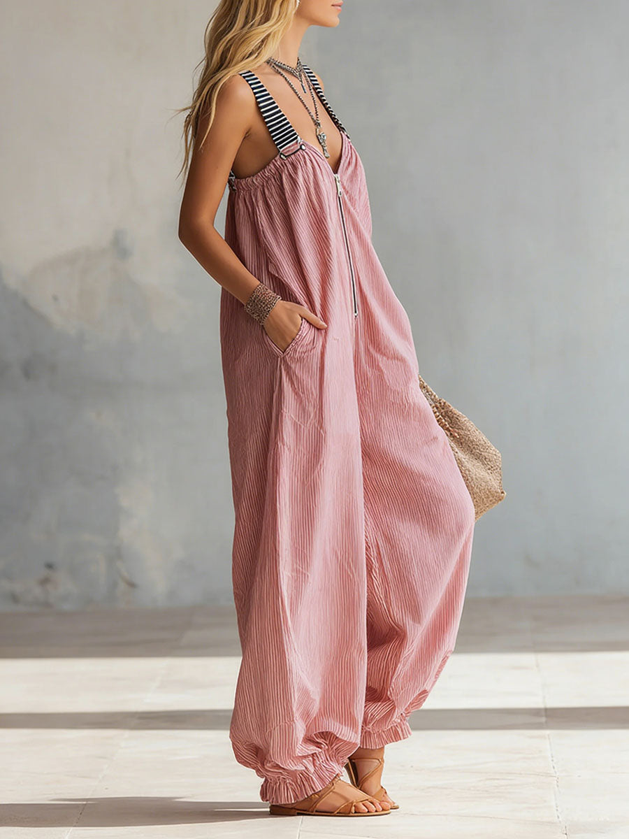 Loose Sleeveless Adjustable Elasticity Pleated Pockets Split-Joint Striped Zipper Deep V-Neck Jumpsuits