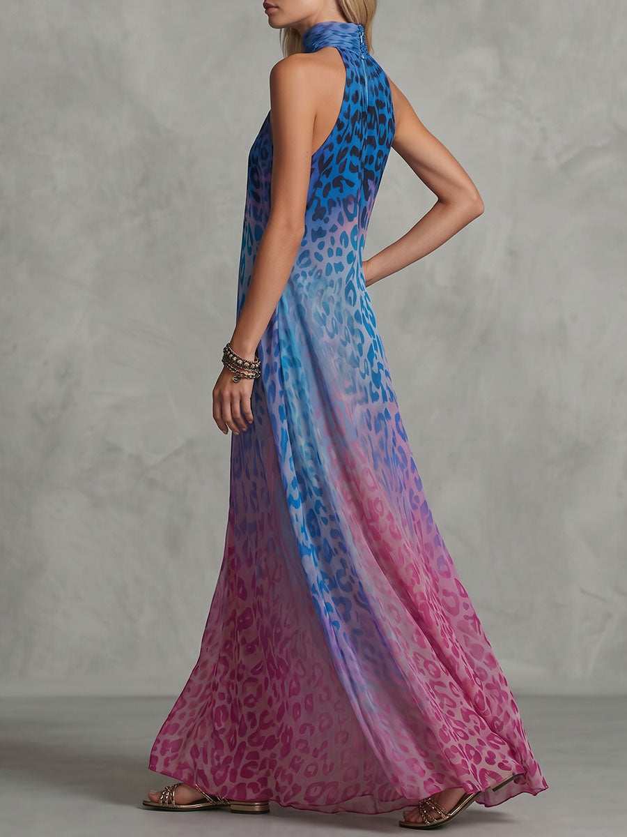 A-Line Sleeveless Contrast Color Leopard Pleated Printed Split-Joint Mock Neck Maxi Dresses