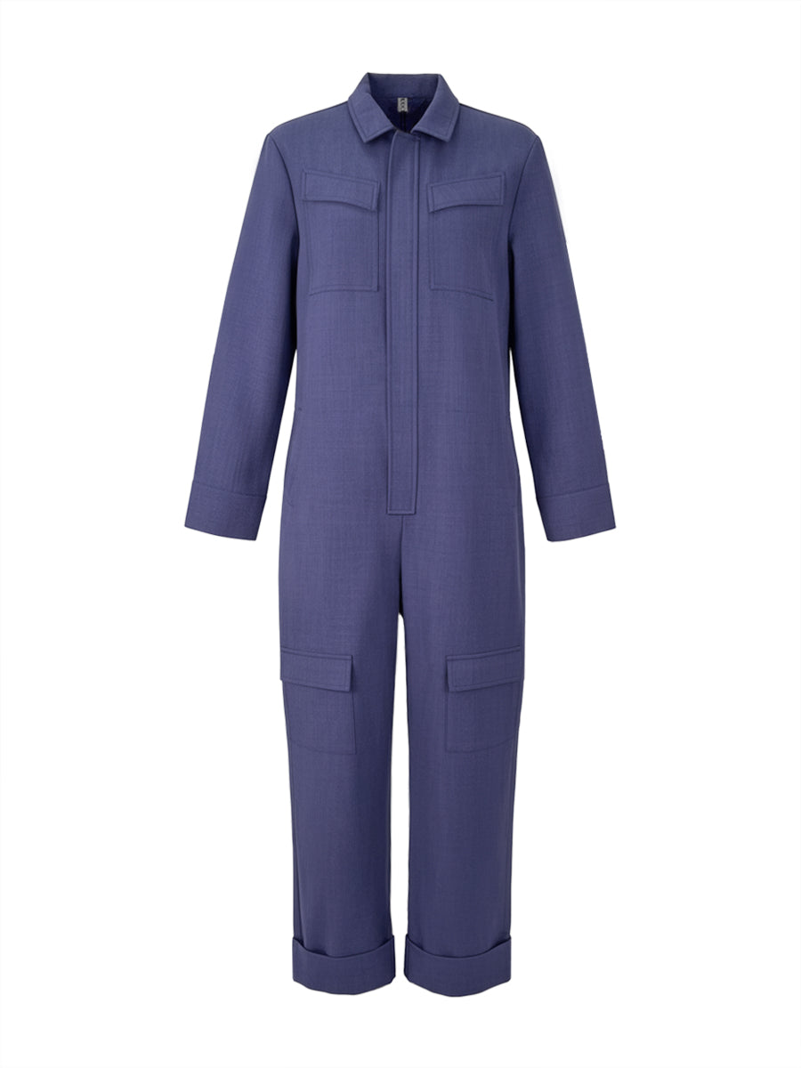 Long Sleeves Loose Solid Color Zipper Lapel Jumpsuits