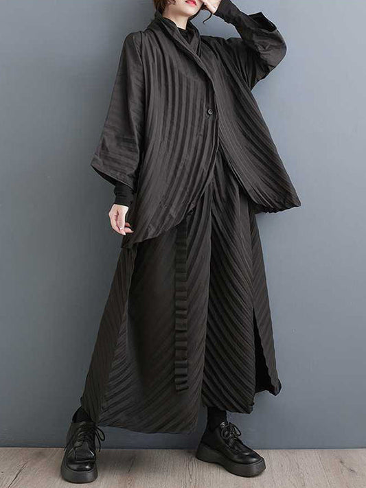 Long Sleeves Loose Buttoned Pleated Solid Color Stand Collar Shirts Top + Pants Bottom Two Pieces Set