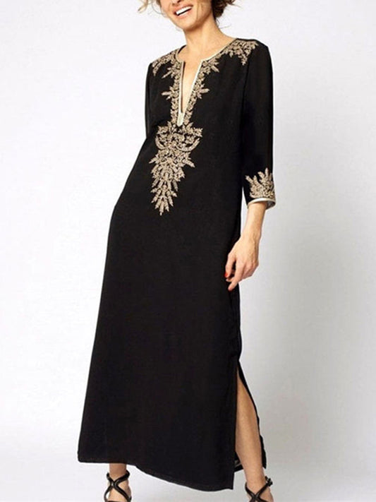 Loose Three-Quarter Sleeves Contrast Color Printed Split-Joint Split-Side V-Neck Maxi Dresses