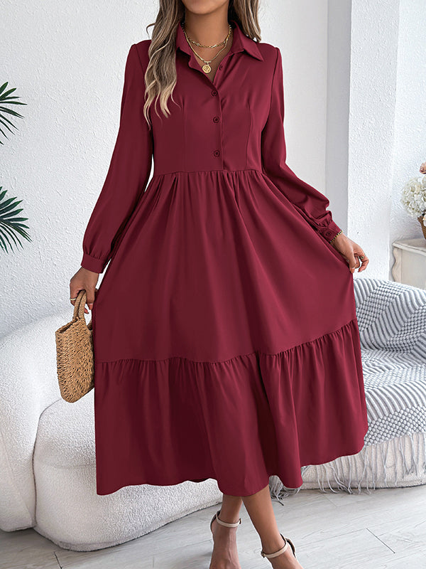 High Waisted Long Sleeves Pleated Ruffled Solid Color Lapel Midi Dresses Shirt Dress