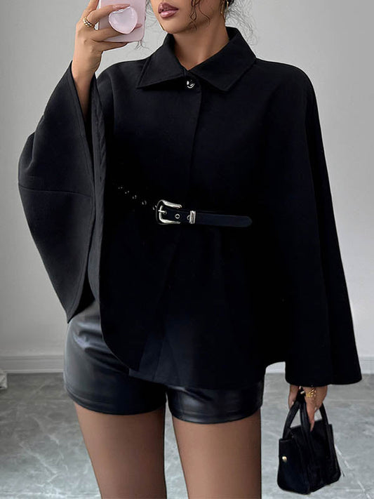Batwing Sleeves Long Sleeves Belted Buttoned Solid Color Lapel Overcoat