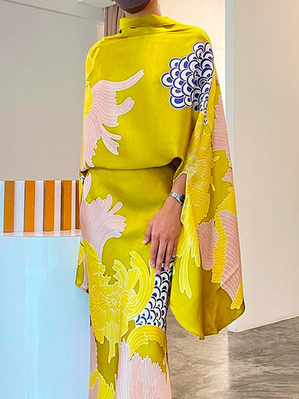 Batwing Sleeves Half Sleeves Flower Print Mock Neck Blouses&Shirts Tops