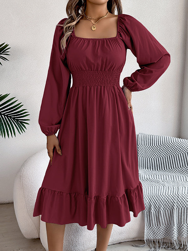 A-Line Elasticated Waist Pleated Ruffled Solid Color Square-Neck Midi Dresses