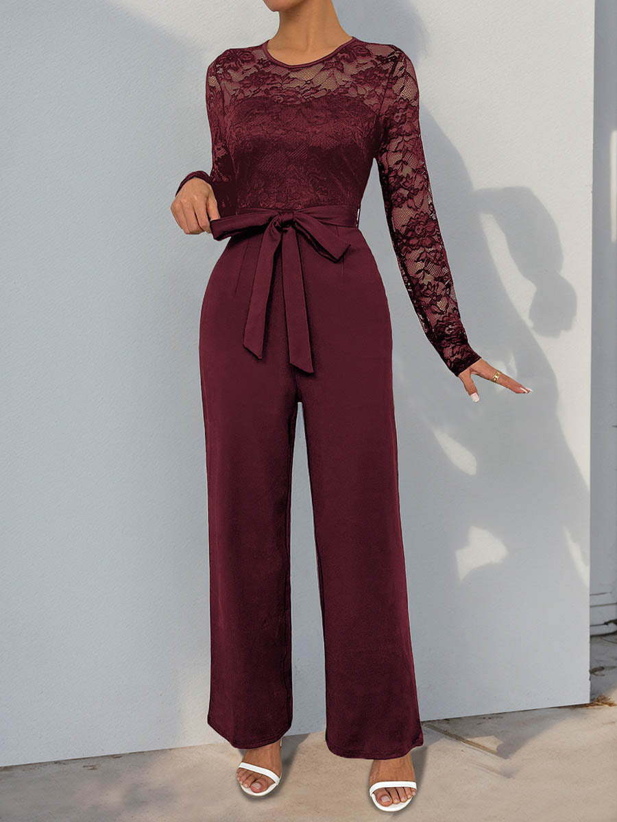 Column High Waisted See-Through Solid Color Split-Joint Tied Waist Round-Neck Jumpsuits