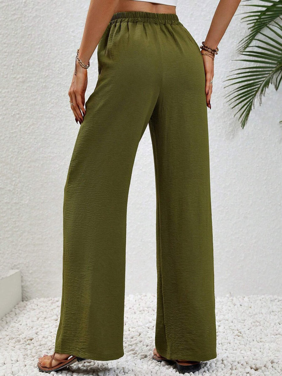 High Waisted Loose Elasticity Pleated Solid Color Tied Waist Pants Trousers