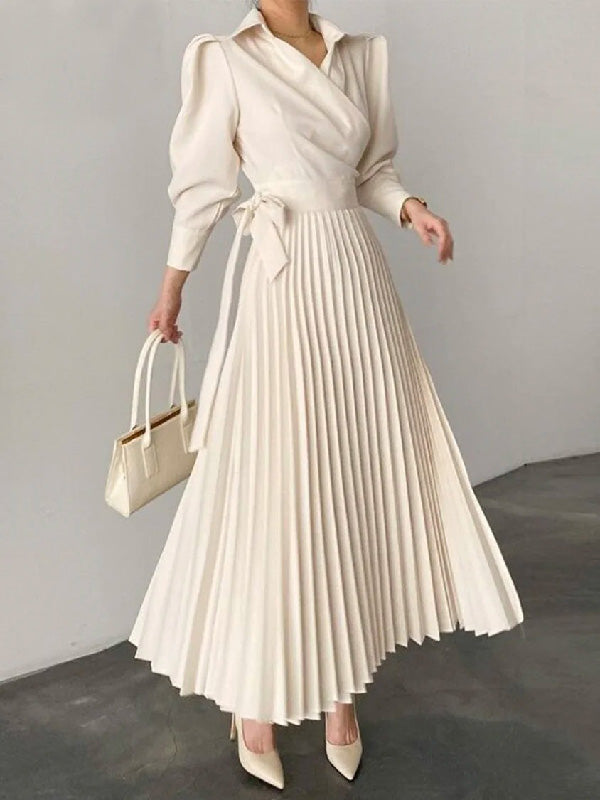 Asymmetric Pleated Solid Color Lapel Maxi Dresses Shirt Dress