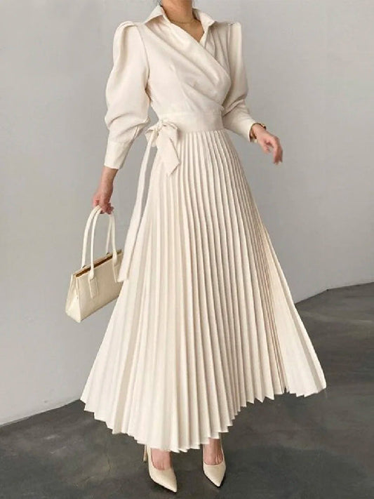 Asymmetric Pleated Solid Color Lapel Maxi Dresses Shirt Dress