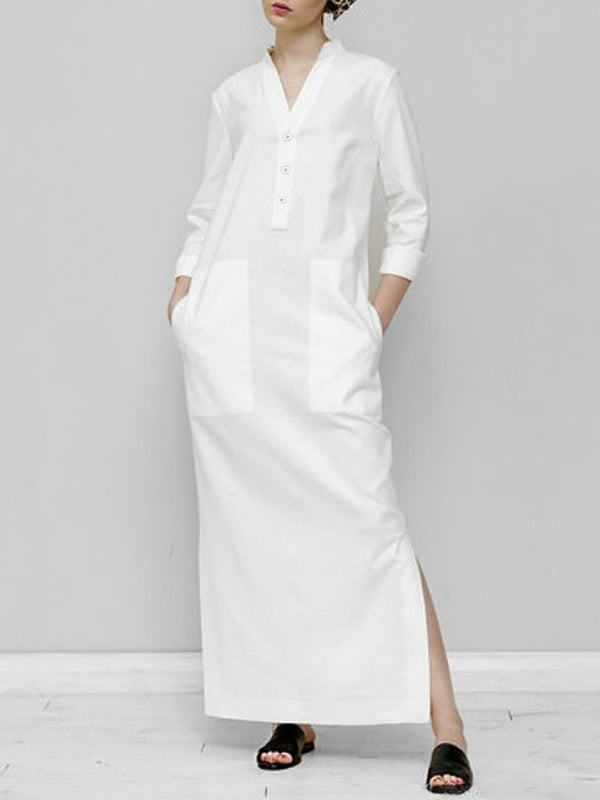 Long Sleeves Loose Solid Color Split-Joint V-Neck Maxi Dresses