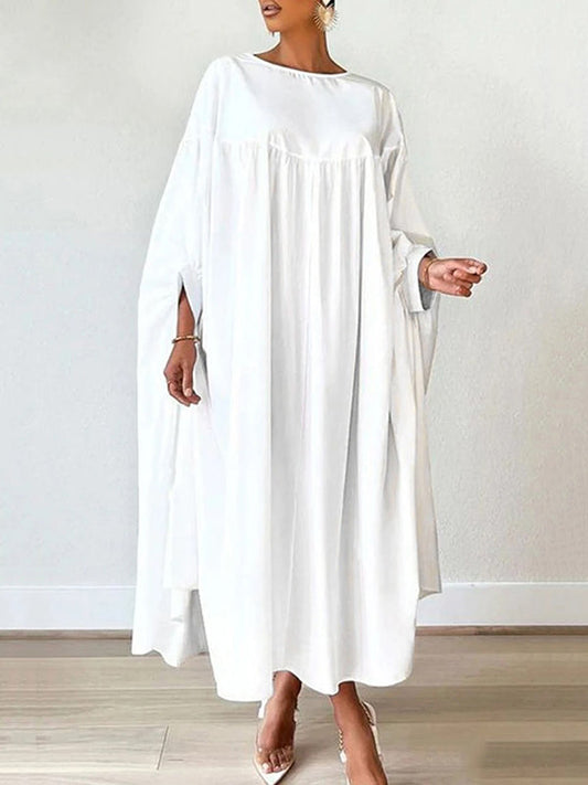 Batwing Sleeves Long Sleeves Solid Color Round-Neck Maxi Dresses