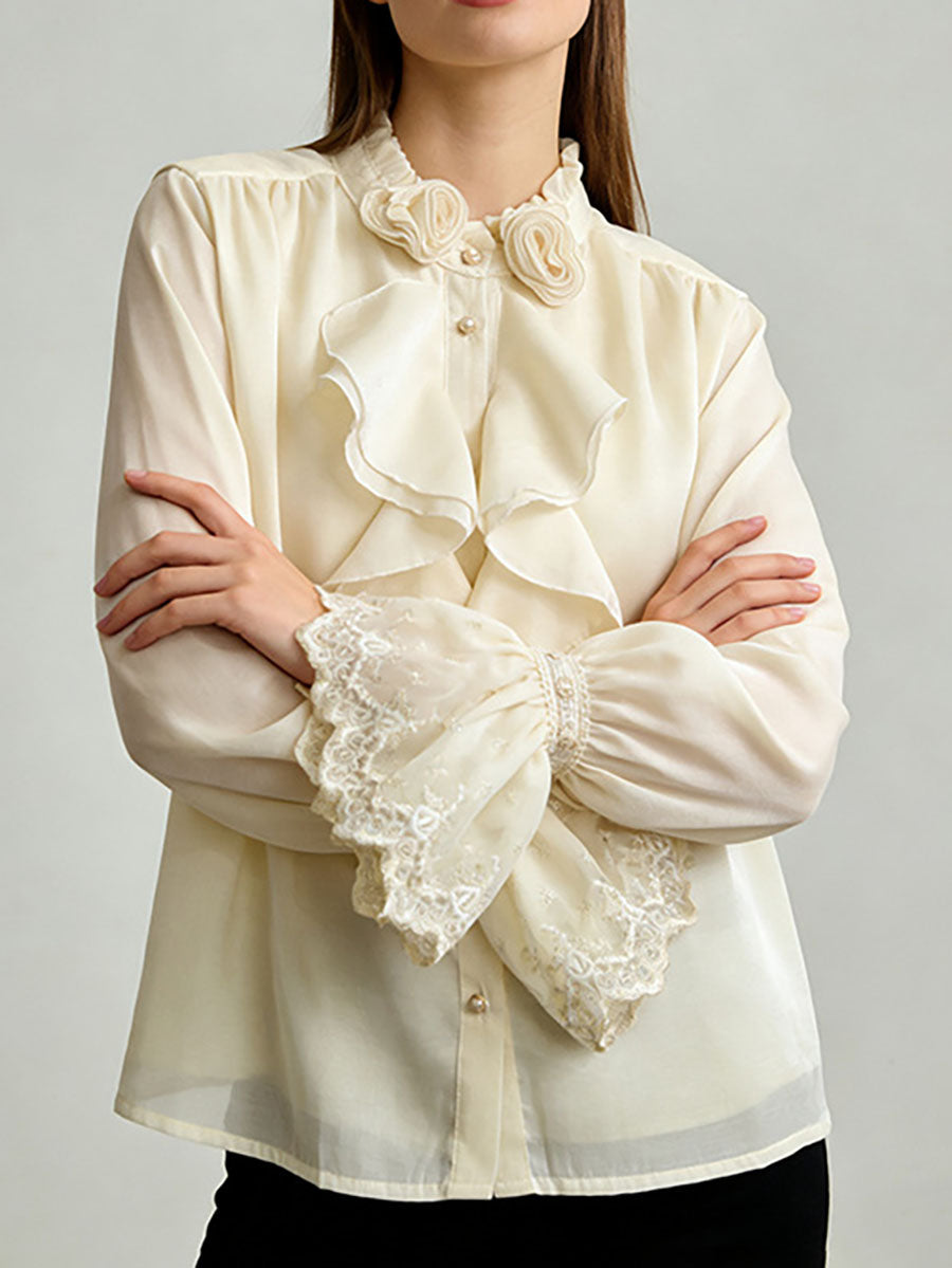 Long Sleeves Ruffle Sleeves Buttoned Pleated Ruffled Solid Color Split-Joint Stand Collar Blouses&Shirts Tops