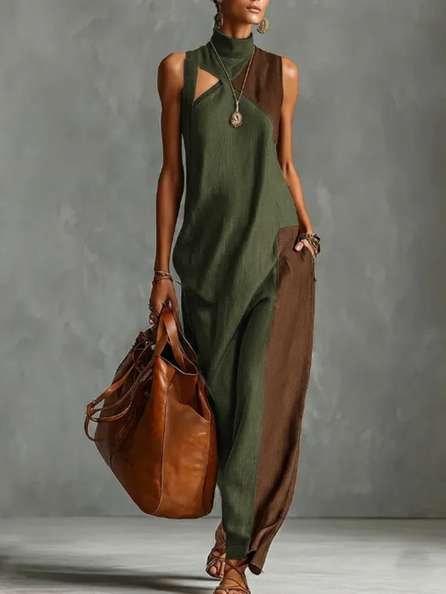 Loose Sleeveless Asymmetric Contrast Color Pockets Split-Joint Mock Neck Maxi Dresses