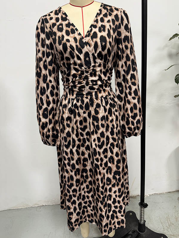 Elasticated Waist High Waisted Contrast Color Leopard Pleated Split-Joint V-Neck Maxi Dresses
