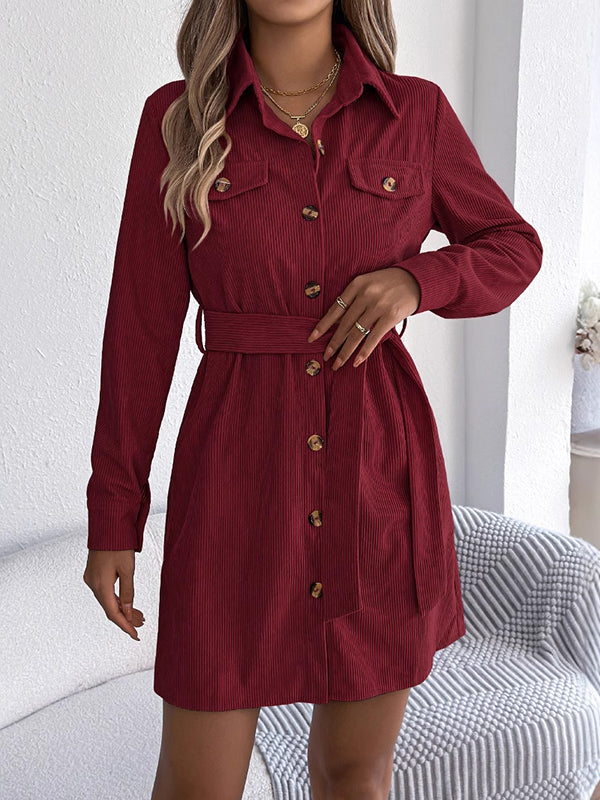 Elasticated Waist Long Sleeves Belted Buttoned Single-Breasted Solid Color Lapel Collar Mini Dresses Shirt Dress