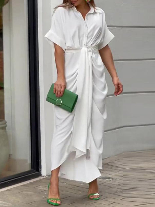 Elasticated Waist High Waisted Buttoned Pleated Solid Color Split-Joint Tied Waist Lapel Maxi Dresses Shirt Dress