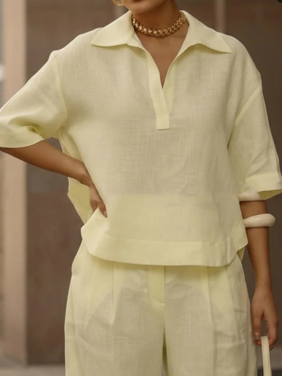 Solid Color Half Sleeves Lapel Blouses&Shirts Tops +  High Waisted Pleated Trousers Pants Two Pieces Set