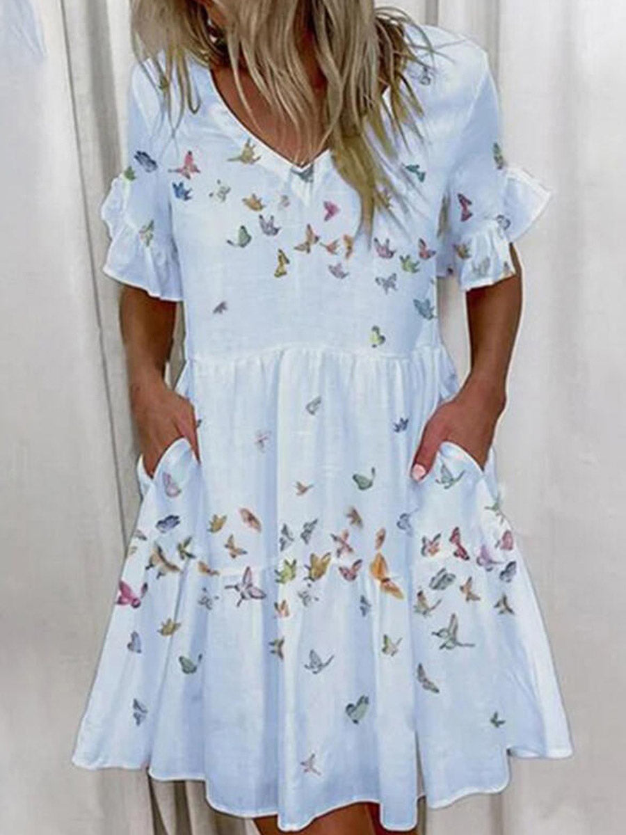 A-Line High Waisted Contrast Color Pleated Pockets Printed Split-Joint V-Neck Midi Dresses