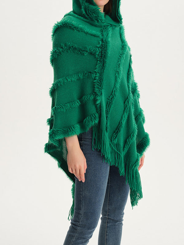 Hooded Keep Warm Solid Color Tasseled Cape Shawl&Cloak