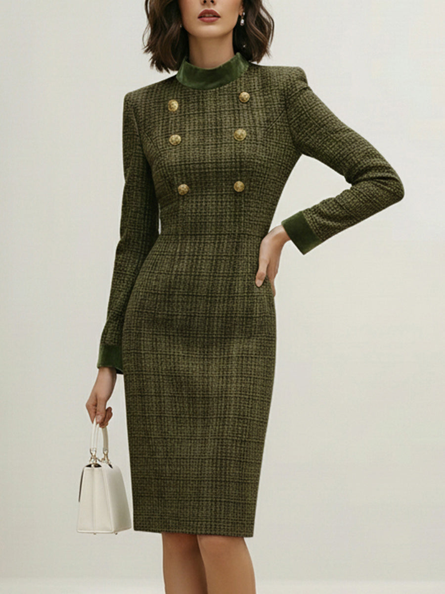 High Waisted Long Sleeves Buttoned Solid Color Split-Joint Zipper Mock Neck Midi Dresses