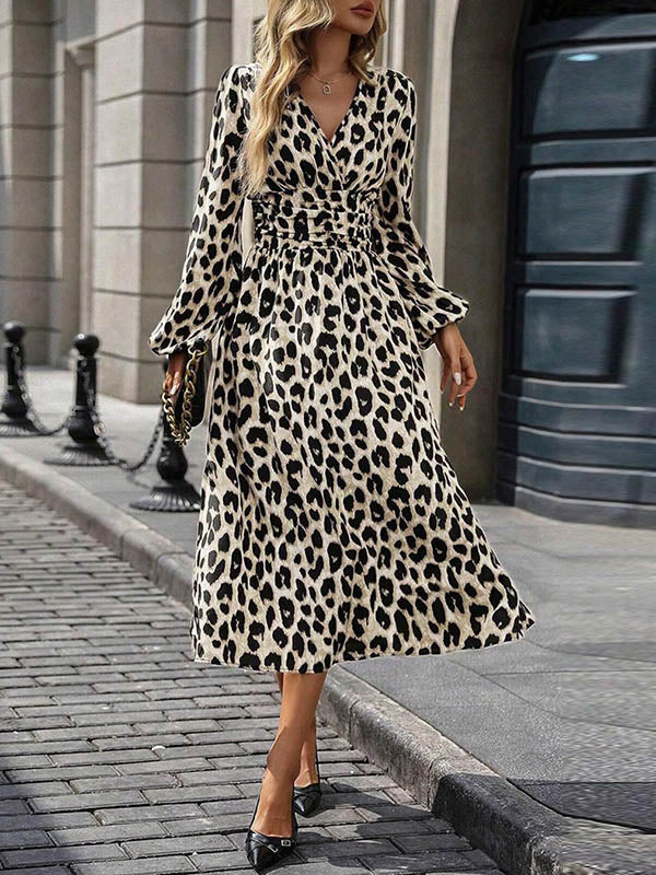 Elasticated Waist High Waisted Contrast Color Leopard Pleated Split-Joint V-Neck Maxi Dresses