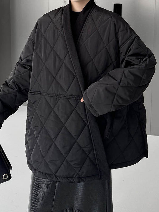 Long Sleeves Loose Plaid Quilted Solid Color Split-Joint Tied Collarless Outerwear Padded Coat