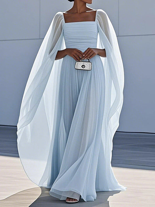 Cape Gauze Pleated Split-Joint Square-Neck Evening Dresses Maxi Dresses