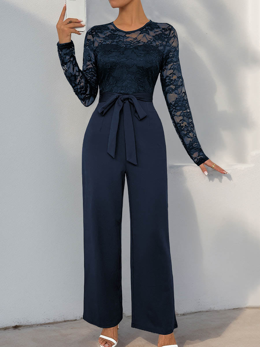 Column High Waisted See-Through Solid Color Split-Joint Tied Waist Round-Neck Jumpsuits