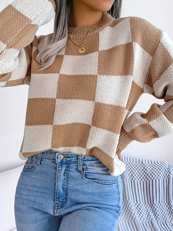 Long Sleeves Loose Contrast Color Plaid Round-Neck Sweater Tops
