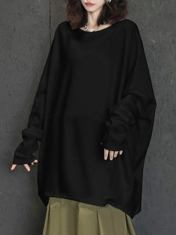 Batwing Sleeves Long Sleeves Solid Color Round-neck T-Shirts Tops
