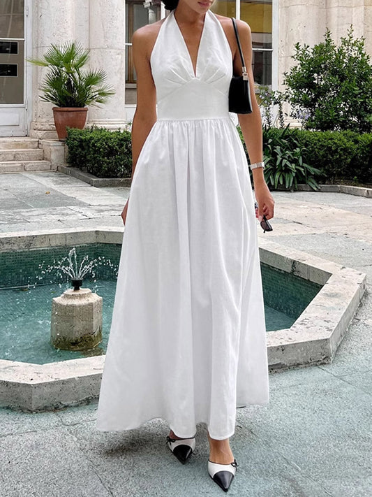 A-Line High Waisted Backless Pleated Solid Color Split-Joint Halter-Neck Midi Dresses