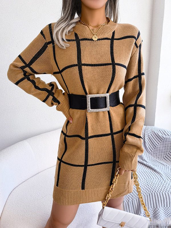 Elasticated Waist Long Sleeves Belted Contrast Color Plaid Round-Neck Mini Dresses Sweater Dresses