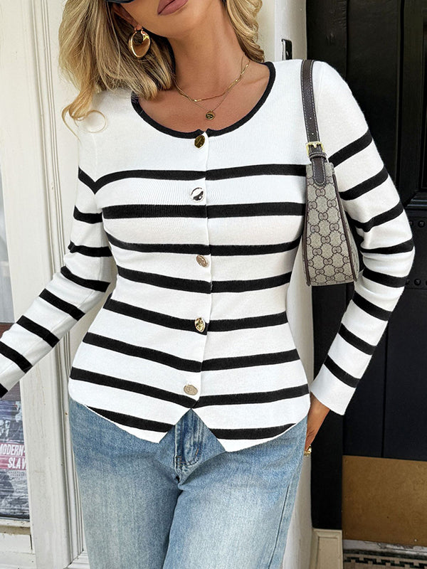 Long Sleeves Skinny Buttoned Contrast Color Split-Joint Striped Round-Neck Cardigan Tops Outerwear