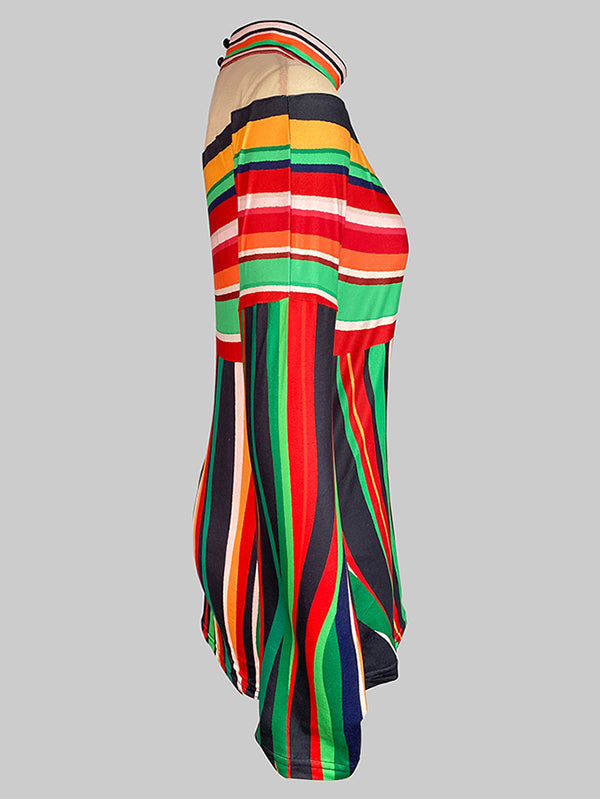 Long Sleeves Loose Contrast Color Striped Halter-Neck T-Shirts Tops