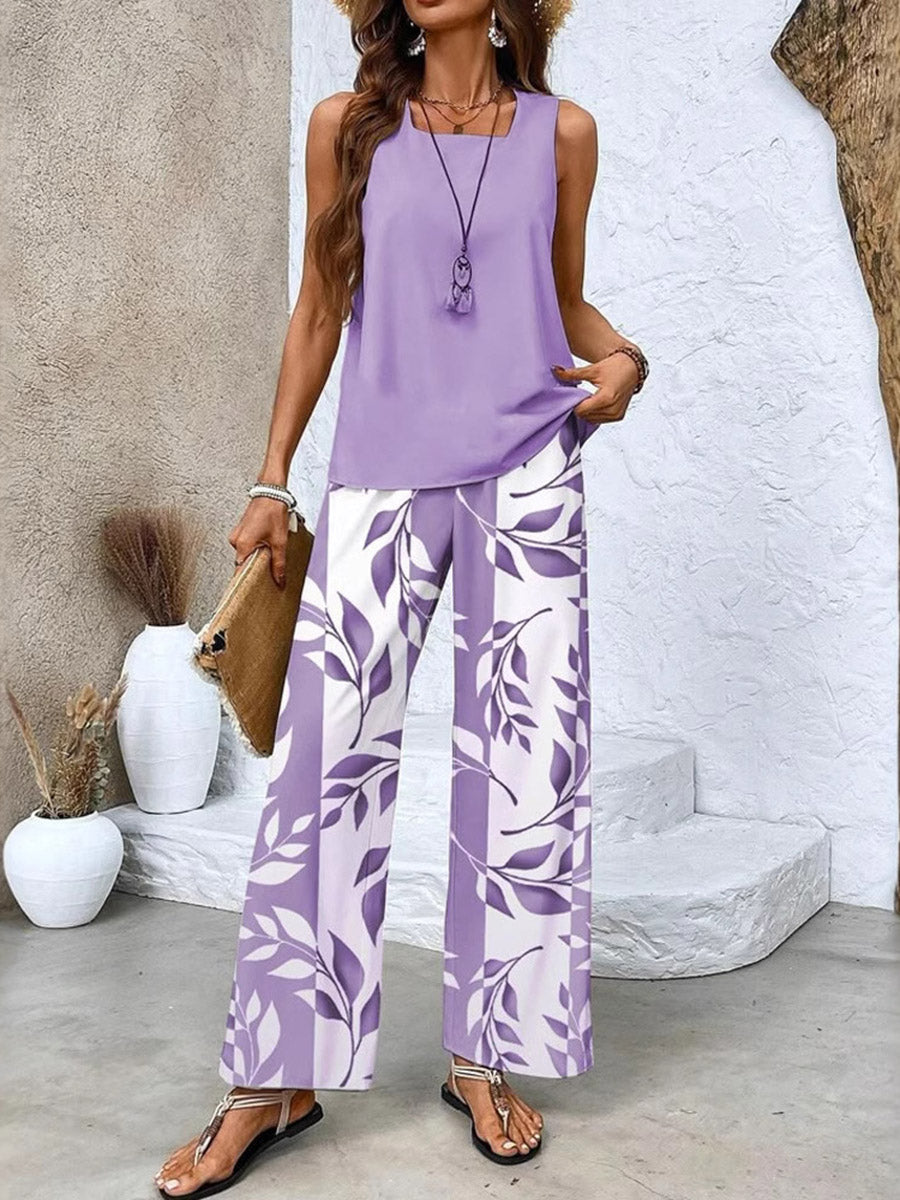 Loose Solid Color Square-Neck Tank Top +  Contrast Color Leaves Print Pockets High Waisted Trousers Pants Two Pieces Set
