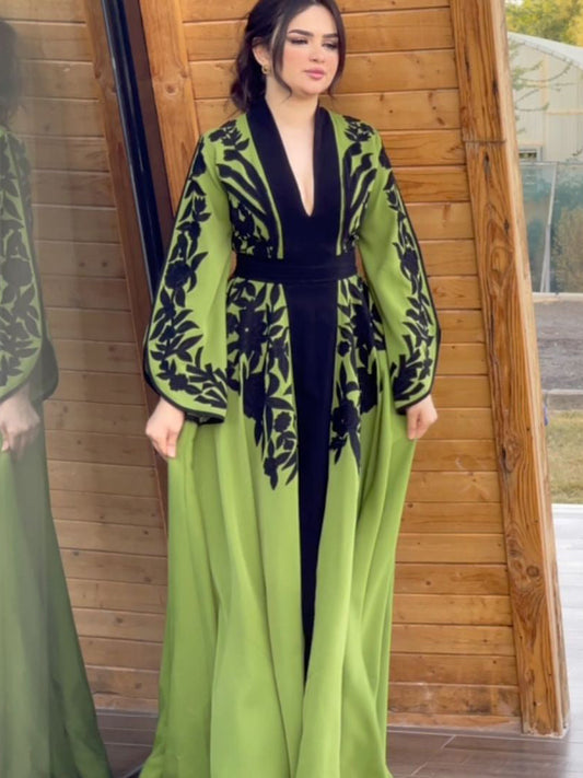 A-line Flared Sleeves Printed Tied Waist V-neck Maxi Dresses