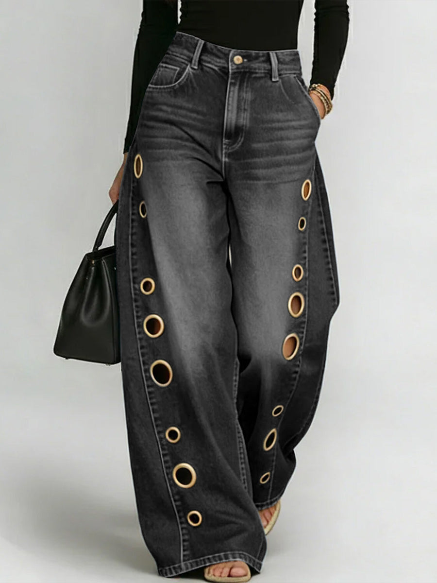 High Waisted Loose Buttoned Geometric Hollow Pockets Split-Joint Jean Pants Bottoms