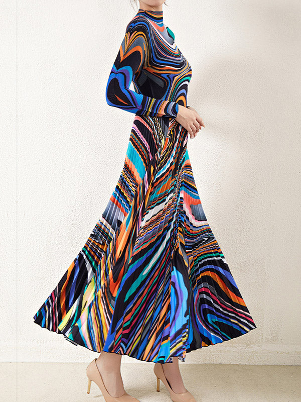 Long Sleeves Contrast Color Pleated Mock Neck T-Shirt Top + Printed A-Line Skirts Bottom Two Pieces Set