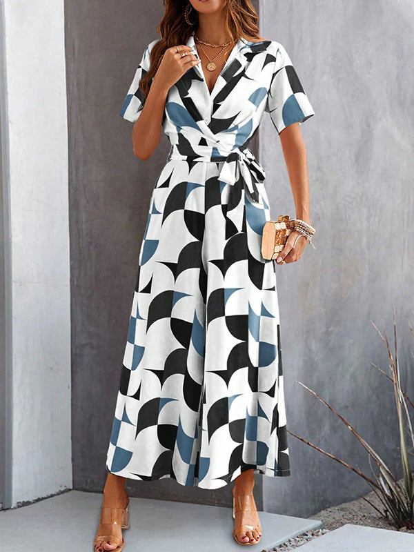 High Waisted Loose Buttoned Contrast Color Tied Waist V-Neck Jumpsuits