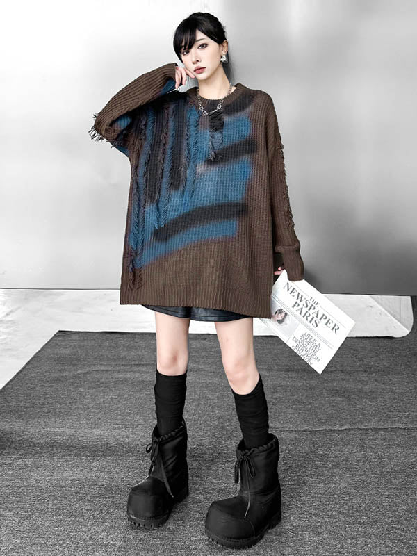 Irregularity Long Sleeves Abstract Printed Asymmetric Contrast Color Split-Joint Tasseled Round-Neck Sweater Tops