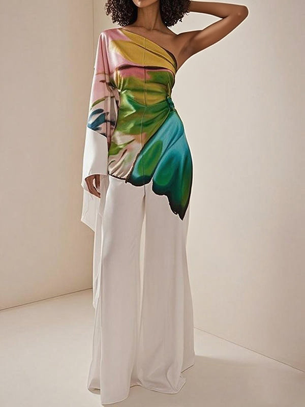 Long Sleeves Loose Flower Print Pleated Pockets One-Shoulder Jumpsuits