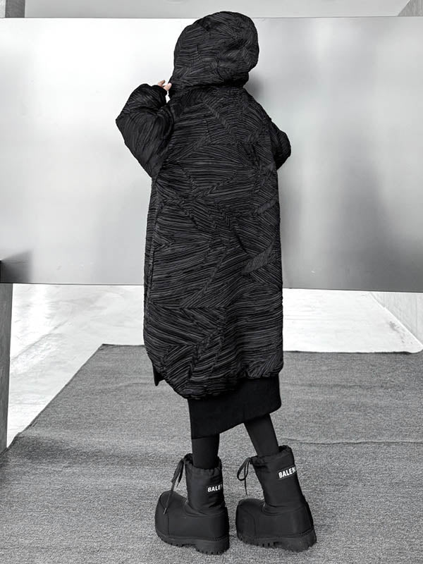High-Low Irregularity Abstract Printed Contrast Color Split-Joint Zipper Hooded Outerwear Overcoat