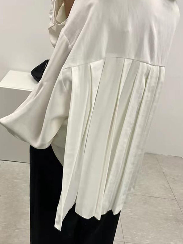 Long Sleeves Loose Buttoned Pleated Solid Color Lapel Collar Blouses&shirts Tops