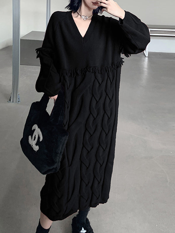 Long Sleeves Loose Solid Color Split-Joint Tasseled V-Neck Midi Dresses Sweater Dresses