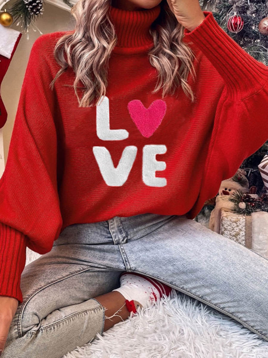 Long Sleeves Loose Contrast Color Printed Split-Joint High Neck Sweater Tops